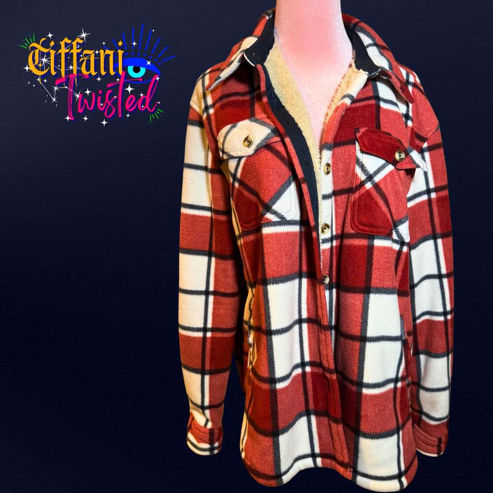 SAGE Collective Sherpa-Lined Plaid Shacket – Red/White/Black – Size L/XL